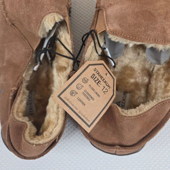Staheekum Mens Size 12 Curbside Slippers Wheat Brown Leather Faux Fur Lining - Picture 5 of 6
